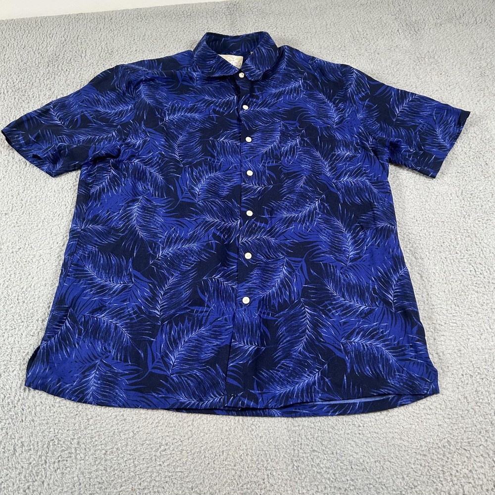 Tasso Elba Shirt Mens‎ Large Blue Palm Leaf Hawaiian Silk Linen Button Up Casual